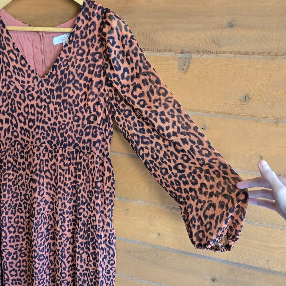 Loft Dress Leopard Midi Tiered V-Neck Boho Animal Long Sleeve 6 Puff Auburn - Picture 4 of 6